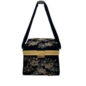 *Vintage Velvet Purse Floral Gold Beaded Square Snap Close Opera Cocktail Bag